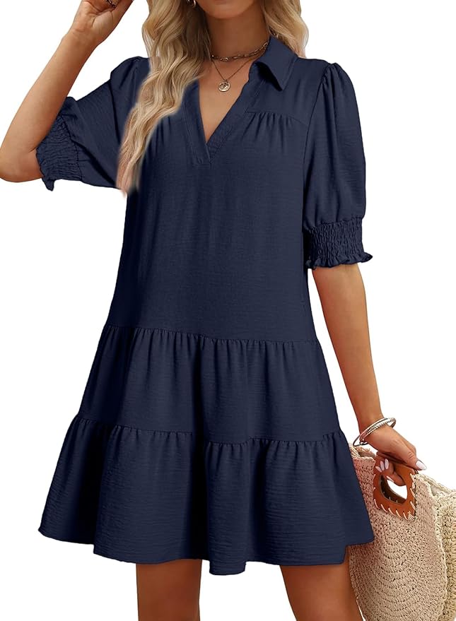 Dokotoo Lapel Collared V Neck Mid Sleeve Pleated Midi Dress